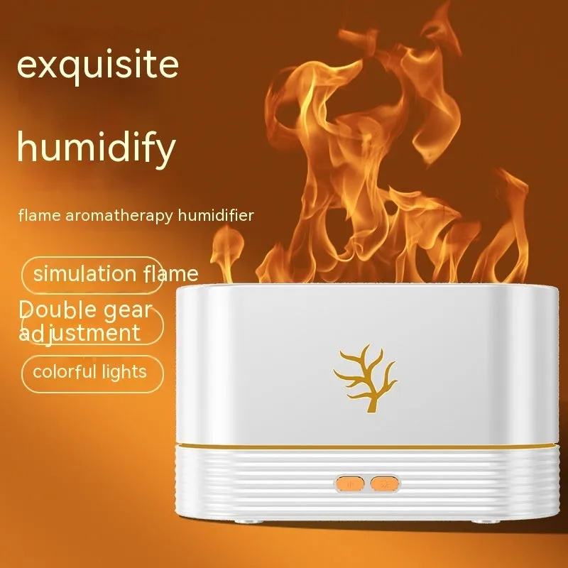 Black or white square USB flame humidifier with LED fire simulation and aroma diffusion functions