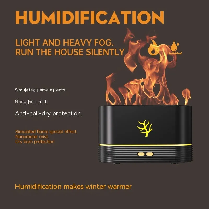 Black or white square USB flame humidifier with LED fire simulation and aroma diffusion functions