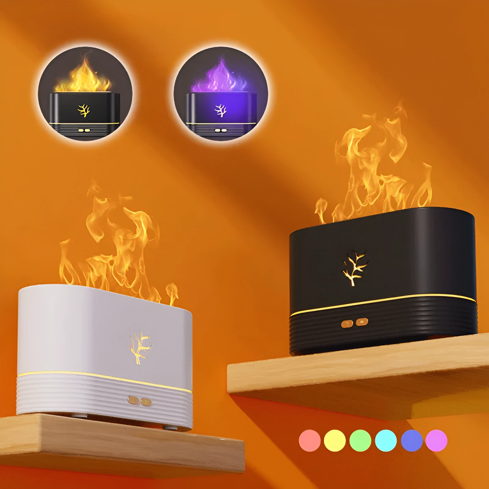 Black or white square USB flame humidifier with LED fire simulation and aroma diffusion functions