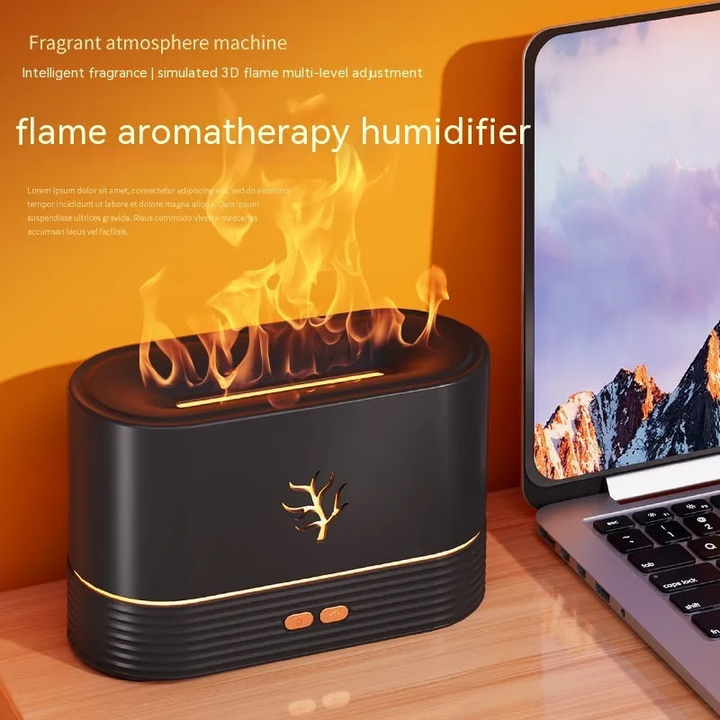 Black or white square USB flame humidifier with LED fire simulation and aroma diffusion functions