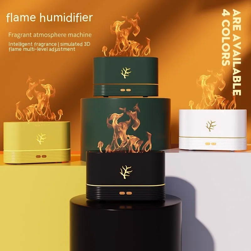Black or white square USB flame humidifier with LED fire simulation and aroma diffusion functions