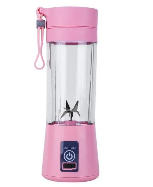 Mini USB electric citrus juicer with carry rope in pink, purple, blue, or green colours