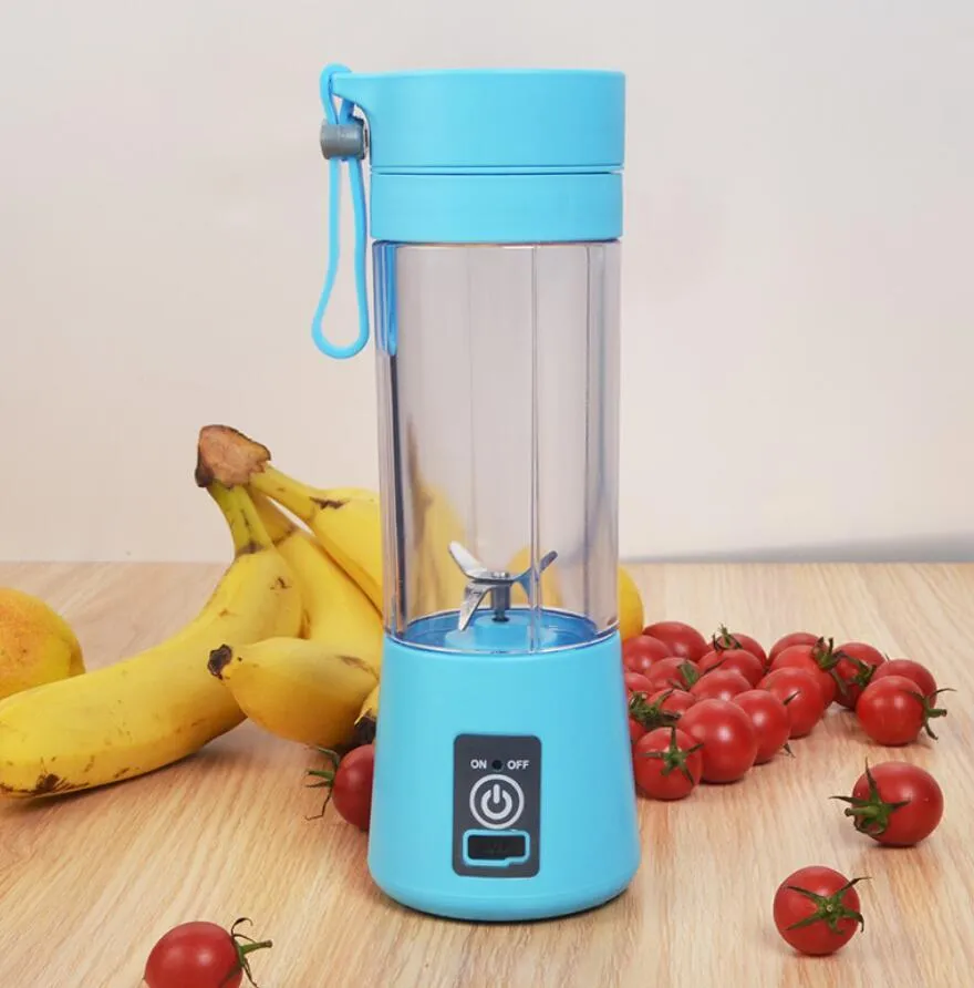 Mini USB electric citrus juicer with carry rope in pink, purple, blue, or green colours