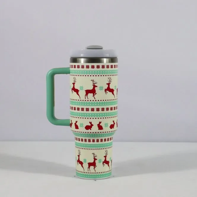 Christmas pattern stainless steel travel tumbler with handle showing capacity measurements and car holder compatibility