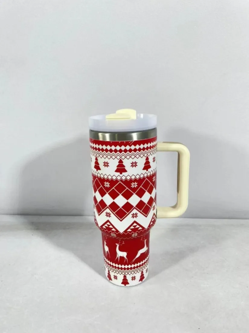 Christmas pattern stainless steel travel tumbler with handle showing capacity measurements and car holder compatibility