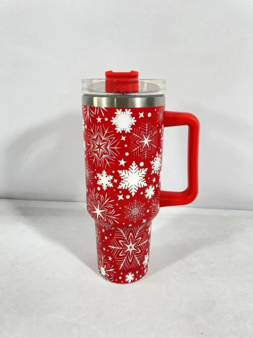 Christmas pattern stainless steel travel tumbler with handle showing capacity measurements and car holder compatibility
