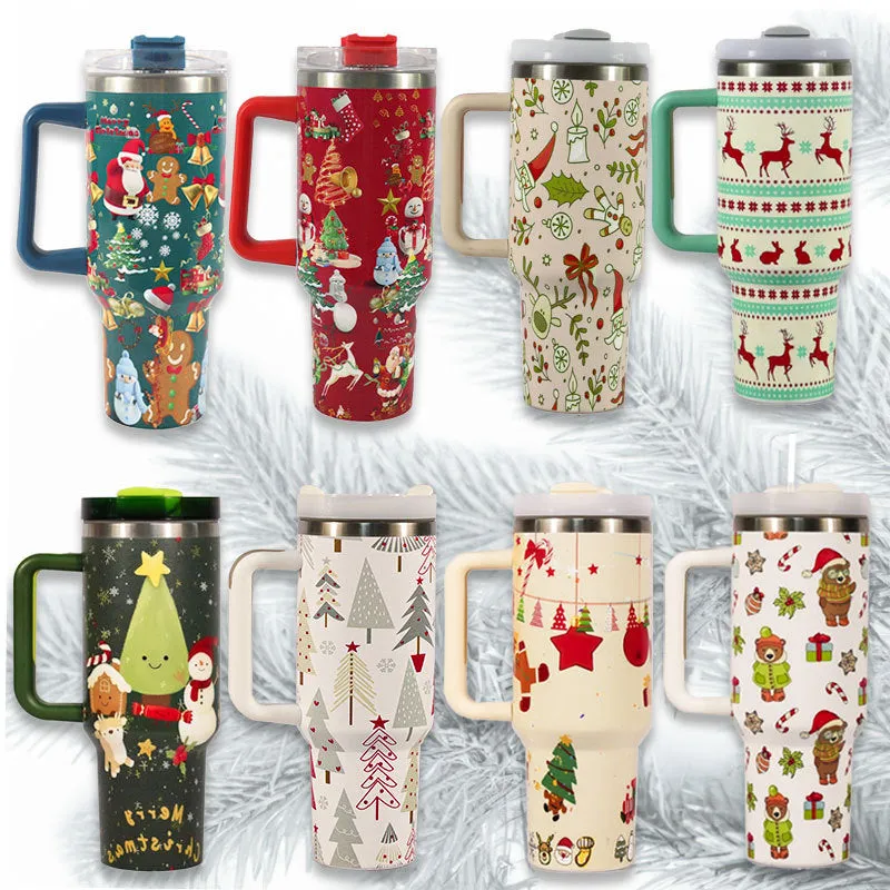 Christmas pattern stainless steel travel tumbler with handle showing capacity measurements and car holder compatibility