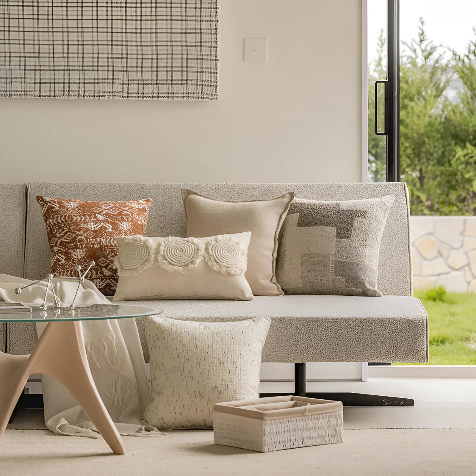 Red coffee brown square cushion with PP cotton filler on a grey sofa.