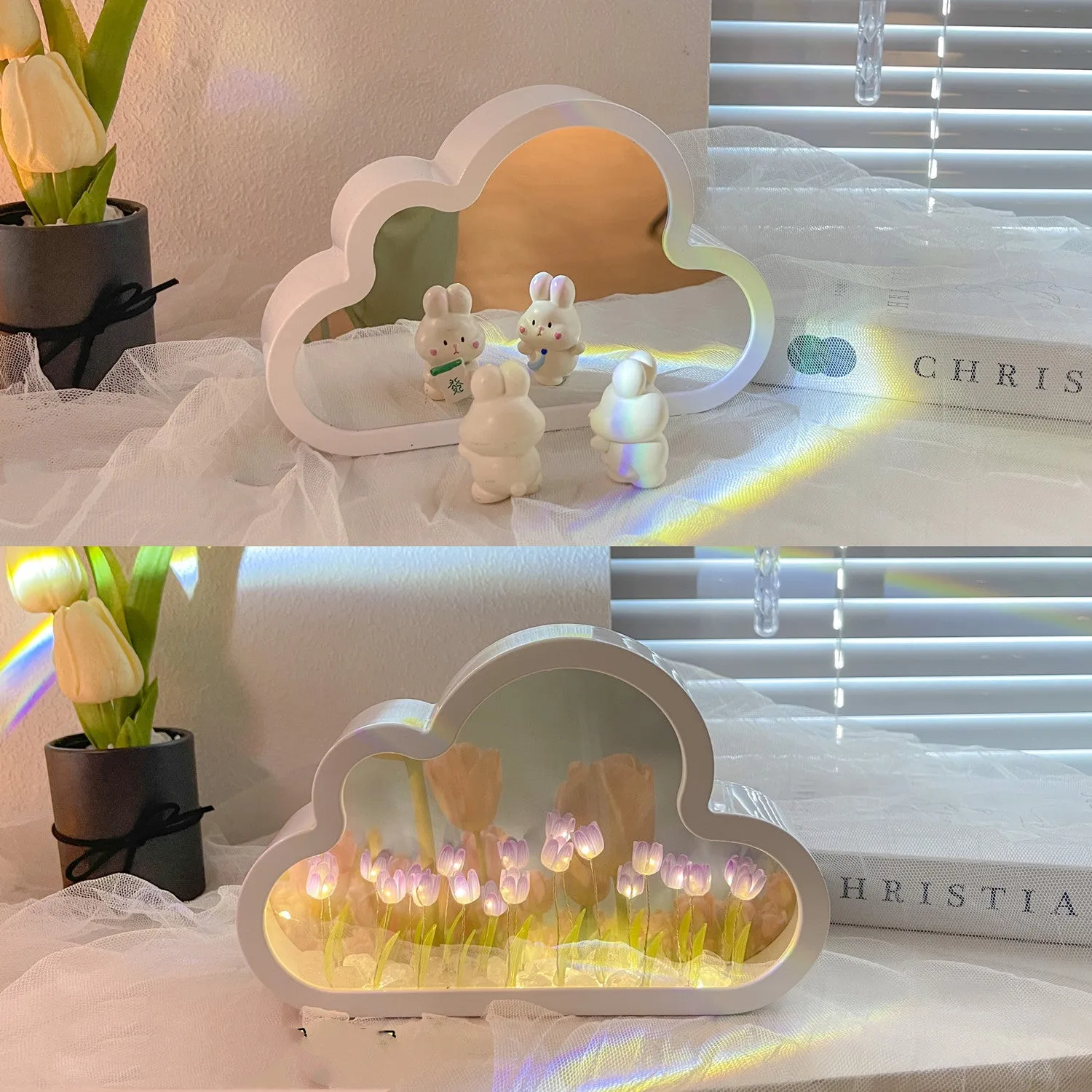 DIY cloud tulip night lamp with decorative mirror and LED light in pink, purple, blue or yellow colours