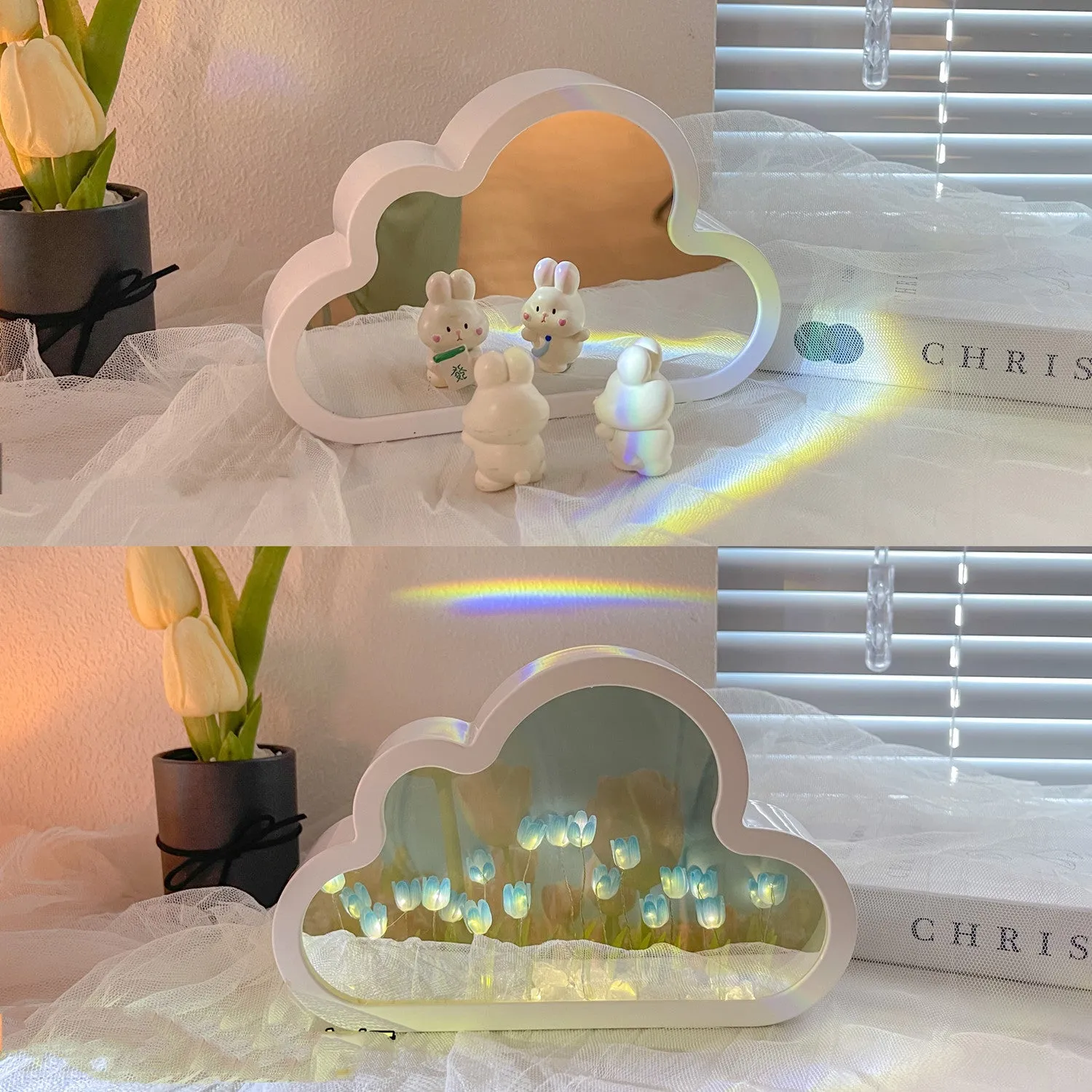 DIY cloud tulip night lamp with decorative mirror and LED light in pink, purple, blue or yellow colours