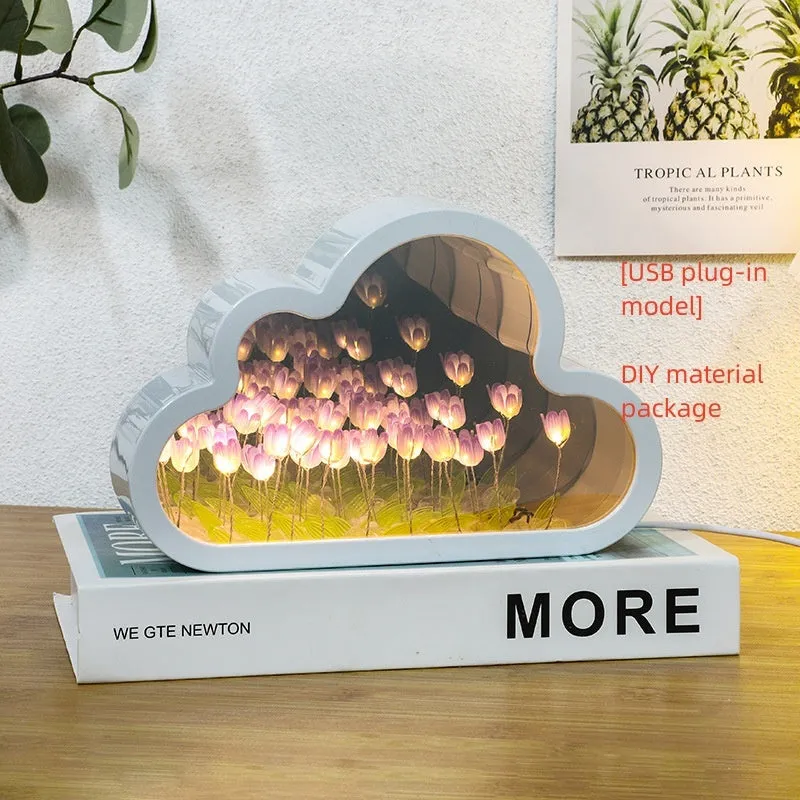 DIY cloud tulip night lamp with decorative mirror and LED light in pink, purple, blue or yellow colours