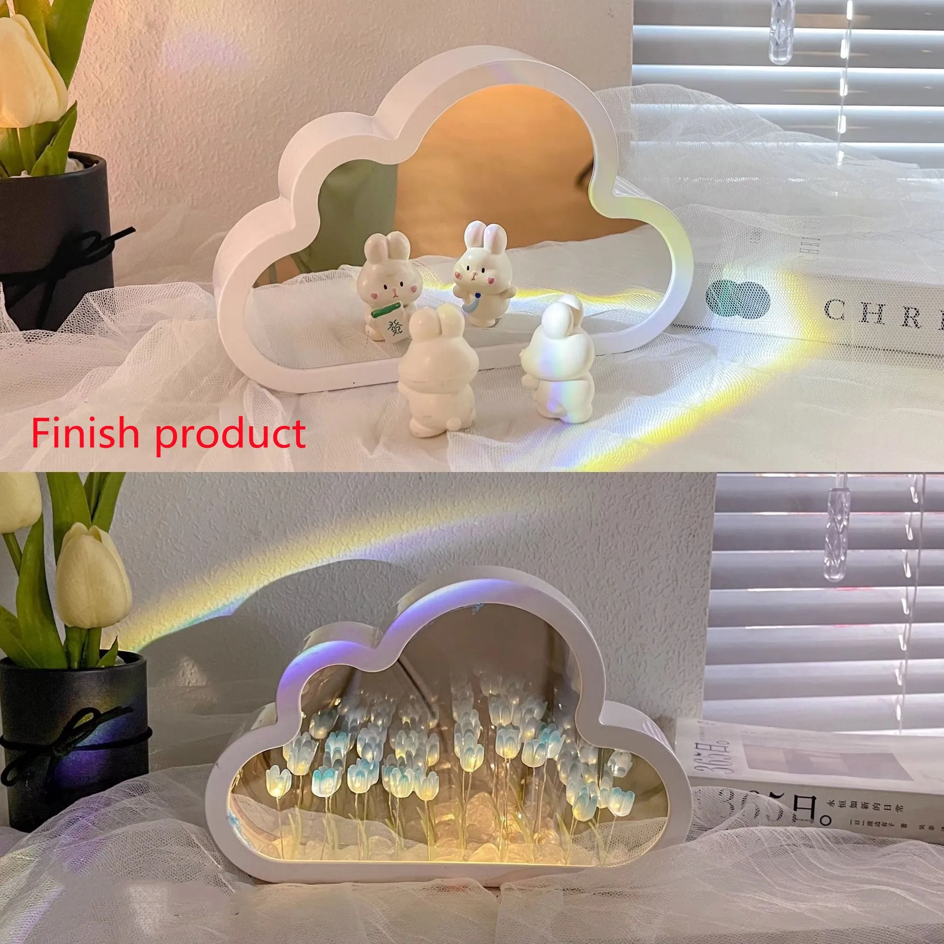 DIY cloud tulip night lamp with decorative mirror and LED light in pink, purple, blue or yellow colours