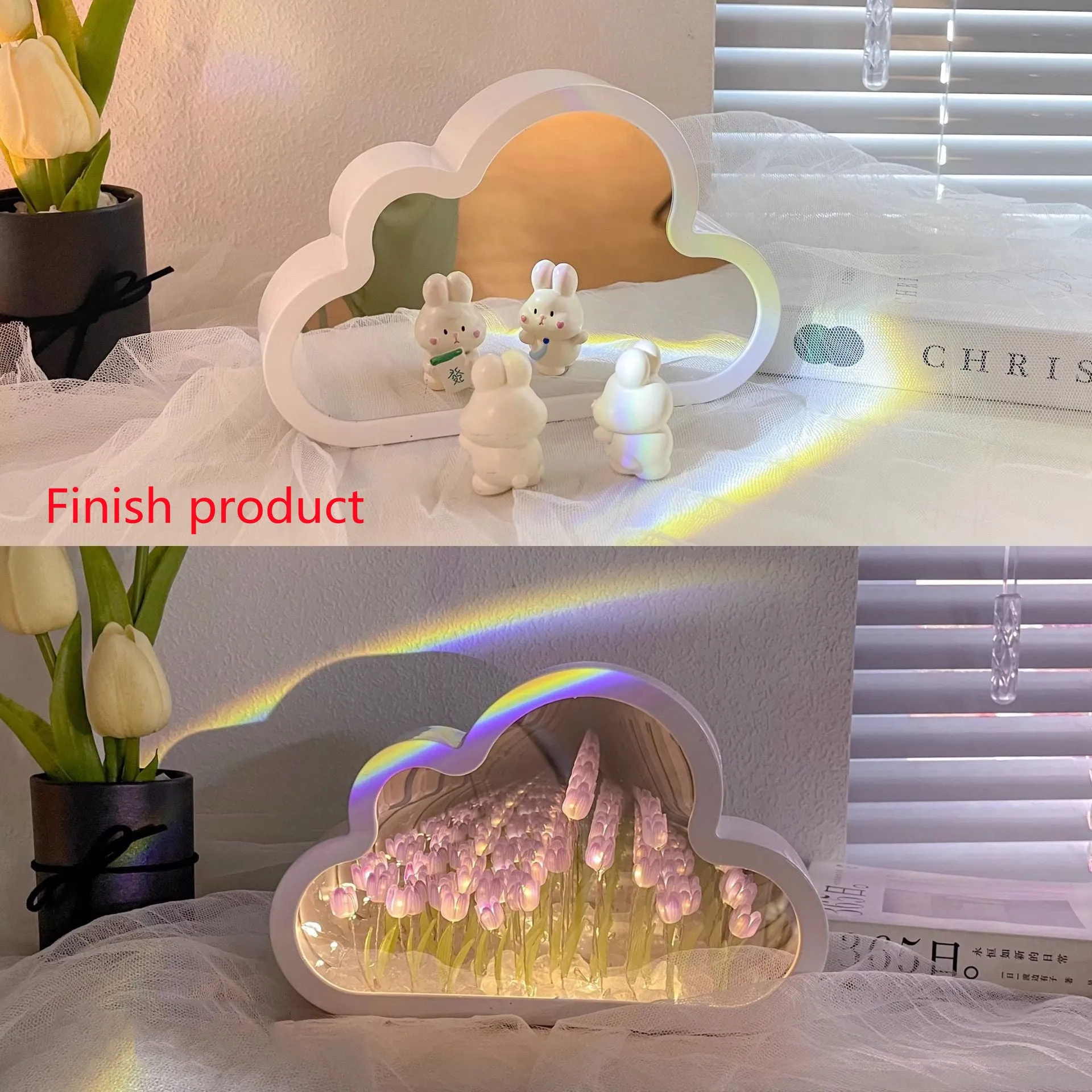DIY cloud tulip night lamp with decorative mirror and LED light in pink, purple, blue or yellow colours