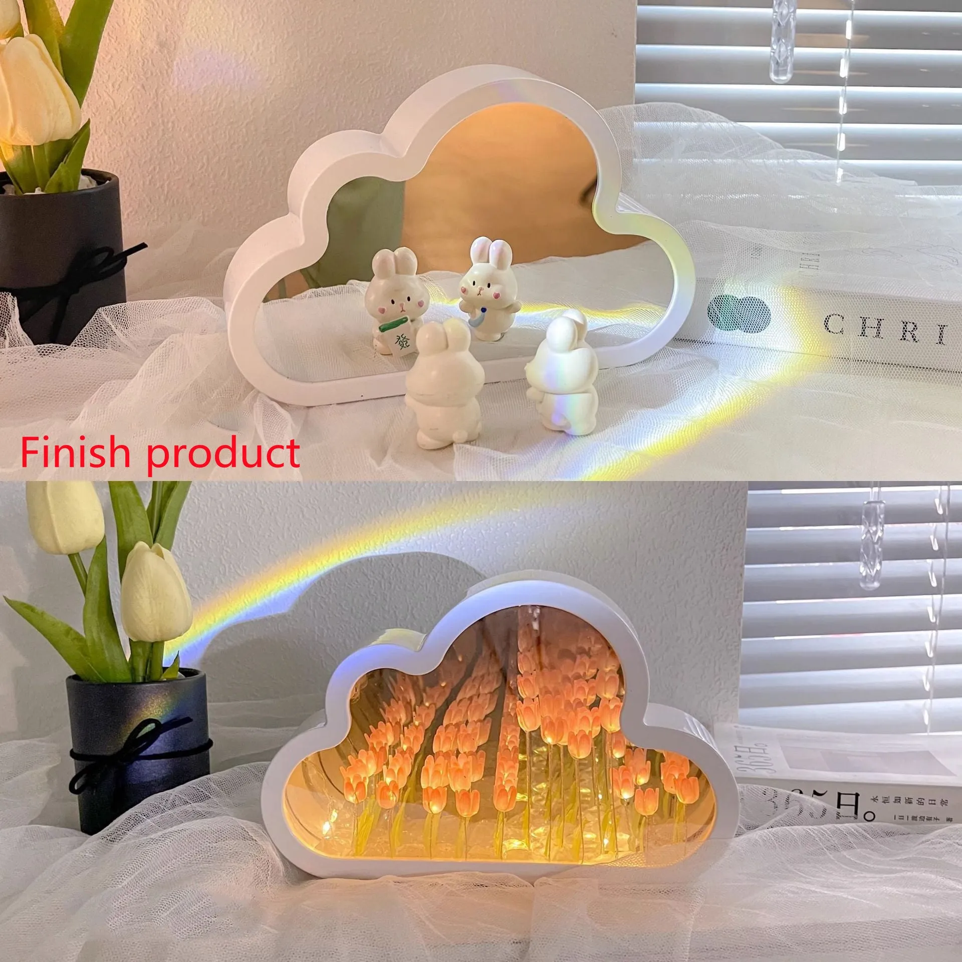 DIY cloud tulip night lamp with decorative mirror and LED light in pink, purple, blue or yellow colours
