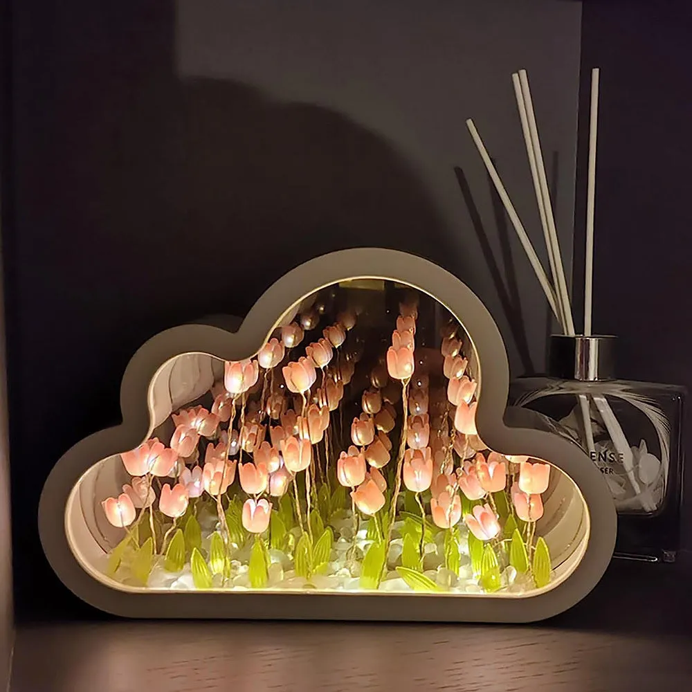 DIY cloud tulip night lamp with decorative mirror and LED light in pink, purple, blue or yellow colours