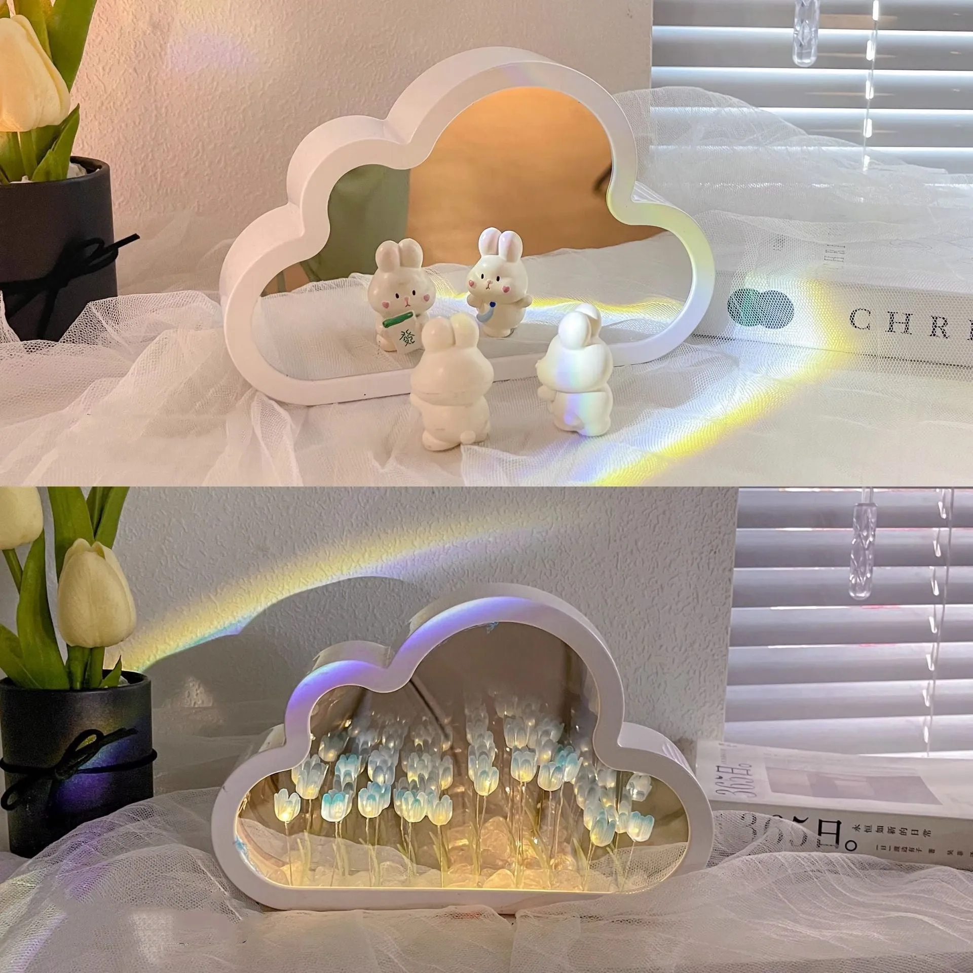 DIY cloud tulip night lamp with decorative mirror and LED light in pink, purple, blue or yellow colours