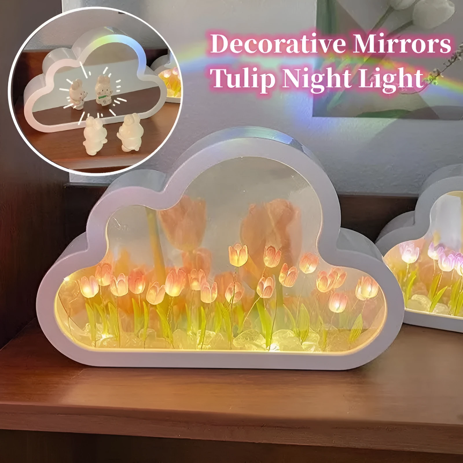 DIY cloud tulip night lamp with decorative mirror and LED light in pink, purple, blue or yellow colours