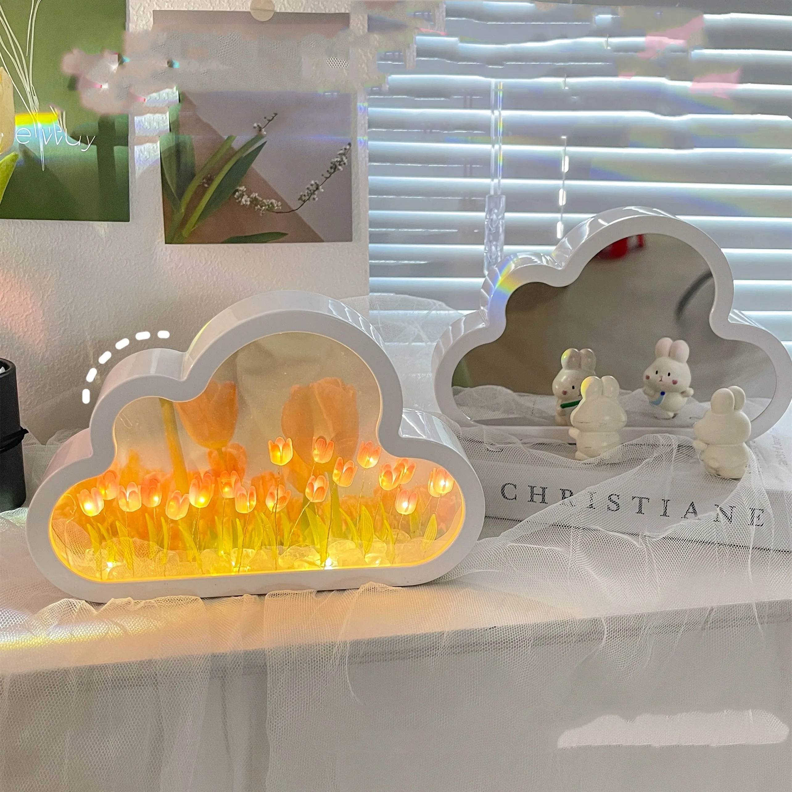 DIY cloud tulip night lamp with decorative mirror and LED light in pink, purple, blue or yellow colours