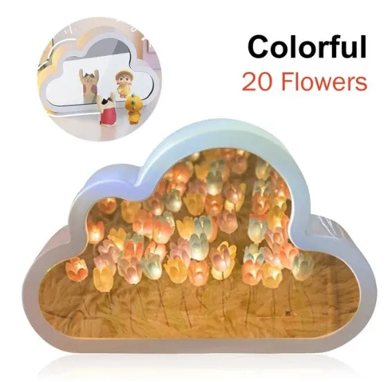 DIY cloud tulip night lamp with decorative mirror and LED light in pink, purple, blue or yellow colours