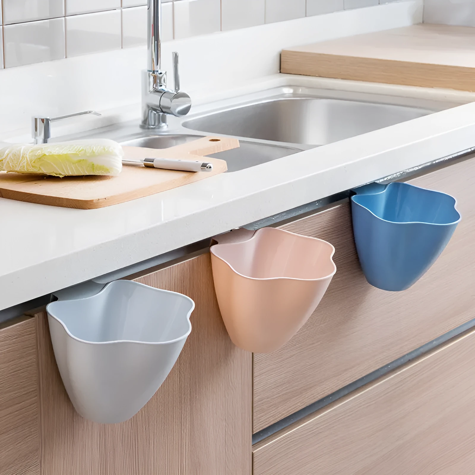 Nordic coloured cabinet rubbish bin in grey, pink, and blue options showing compact 21×16×14cm dimensions