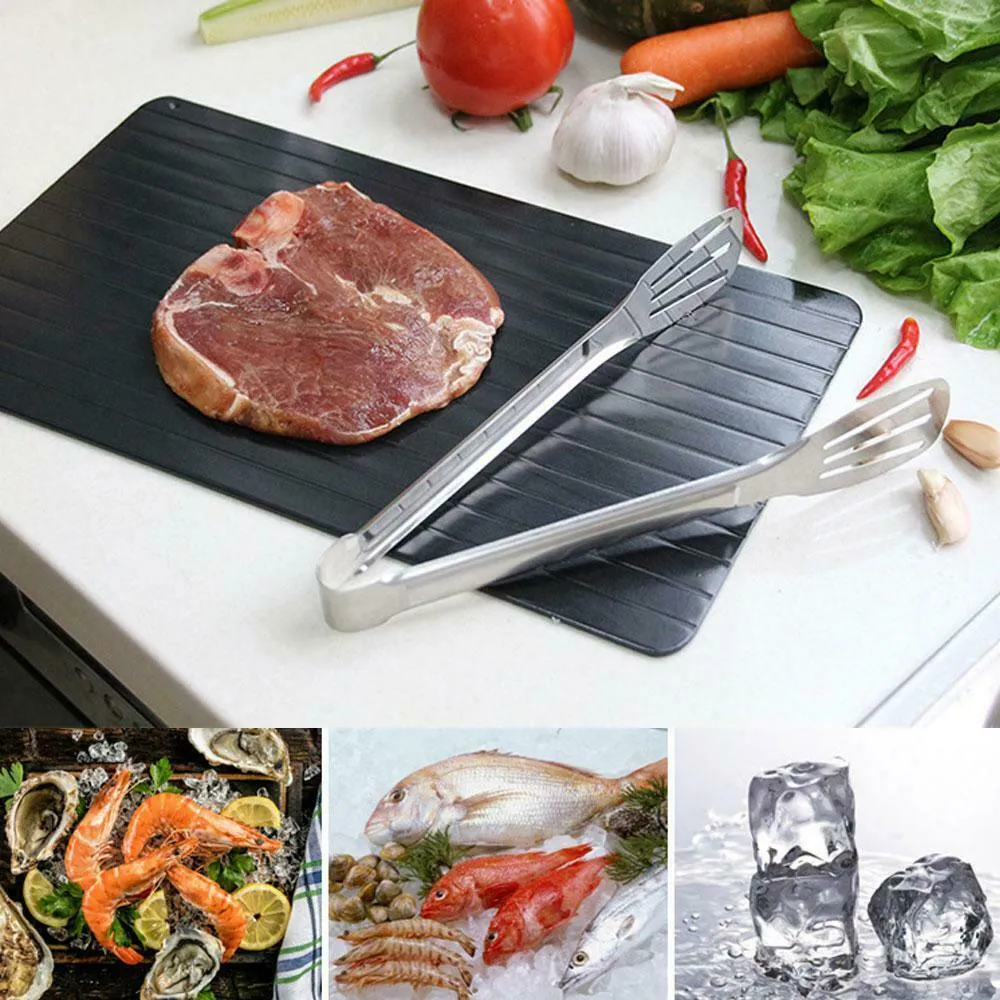 Black rectangular aluminium fast defrost tray for thawing frozen meat and food without electricity.