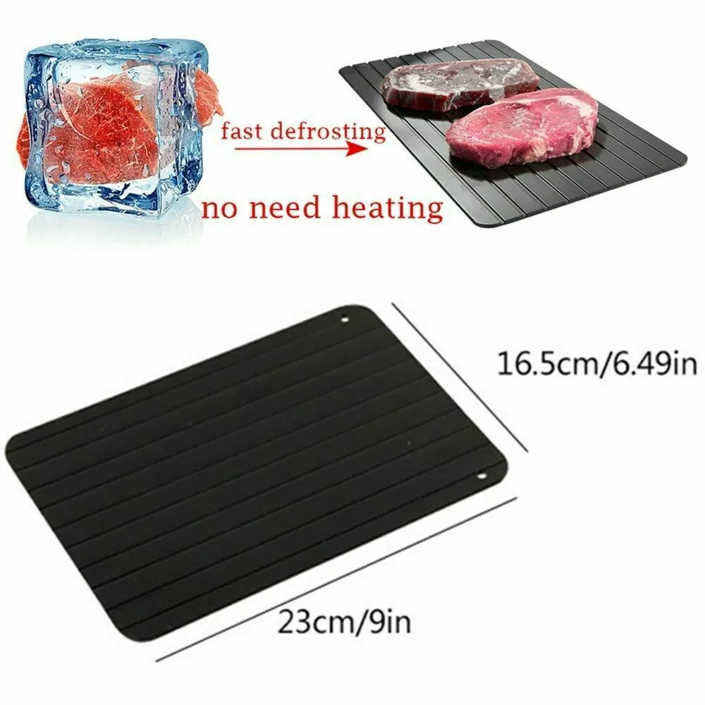 Black rectangular aluminium fast defrost tray for thawing frozen meat and food without electricity.