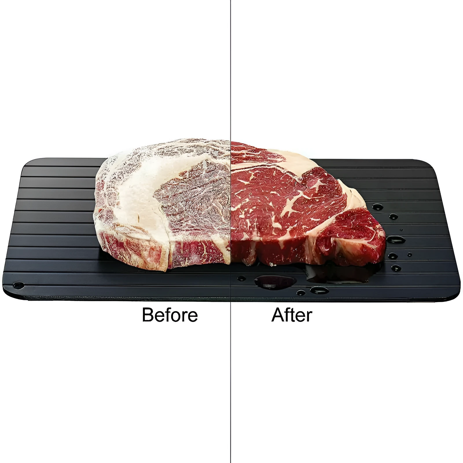 Black rectangular aluminium fast defrost tray for thawing frozen meat and food without electricity.