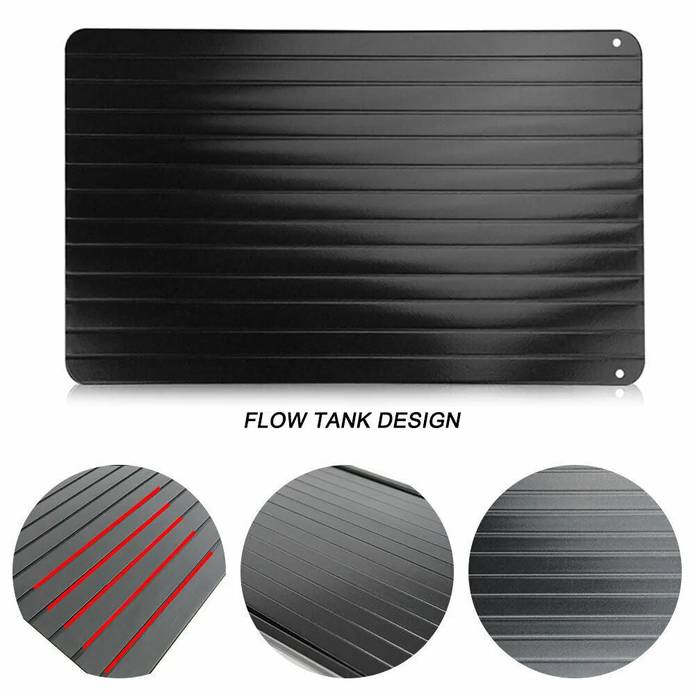 Black rectangular aluminium fast defrost tray for thawing frozen meat and food without electricity.
