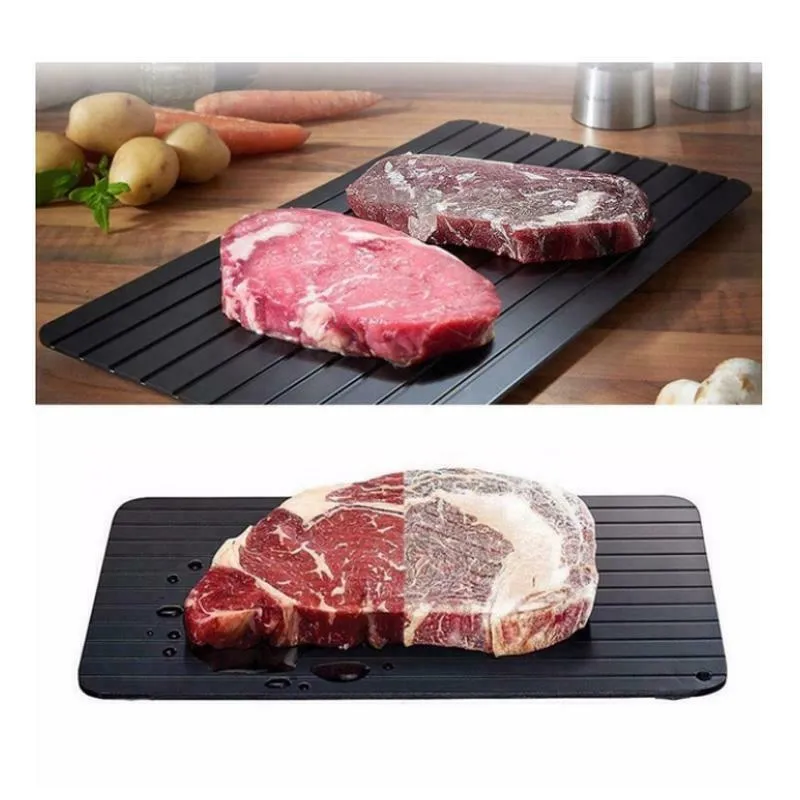 Black rectangular aluminium fast defrost tray for thawing frozen meat and food without electricity.