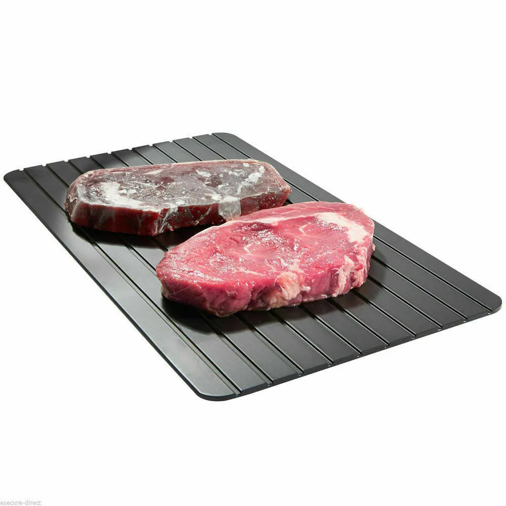 Black rectangular aluminium fast defrost tray for thawing frozen meat and food without electricity.
