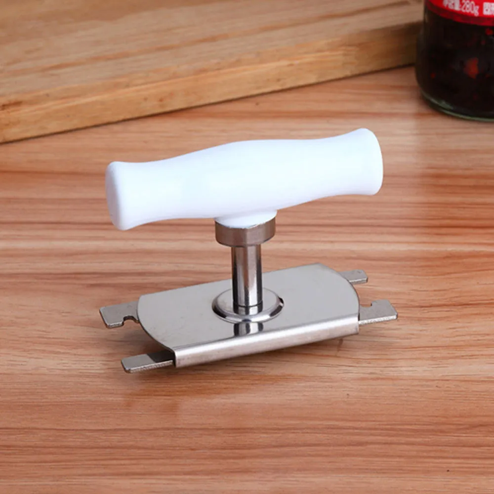 White adjustable stainless steel bottle opener with gear mechanism and PP handle on a plain background.