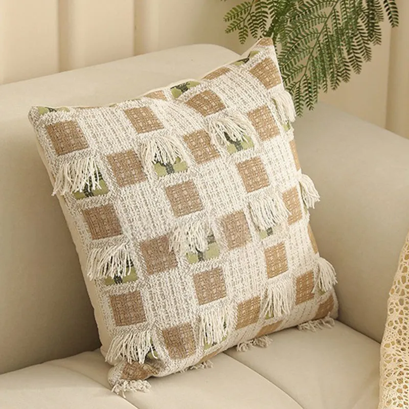 45cm square jacquard floral cushion cover in a Nordic-style pattern on a sofa.