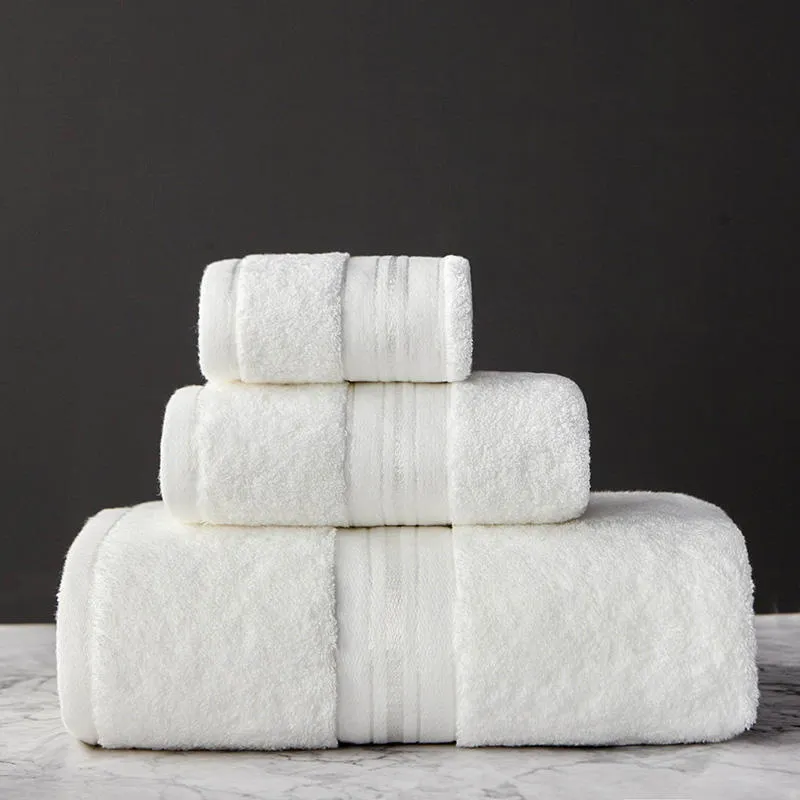 Pure cotton bath towel set in selected colour showing three towel sizes including large bath towel