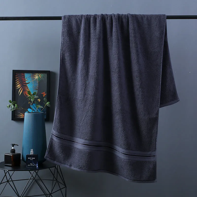 Pure cotton bath towel set in selected colour showing three towel sizes including large bath towel