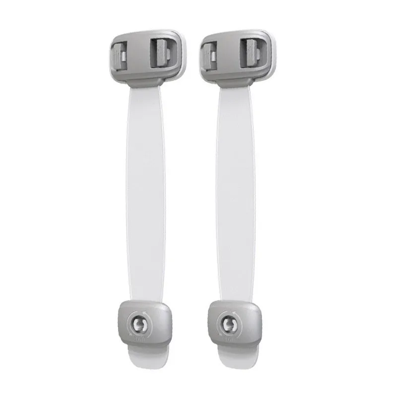 Grey and green adjustable adhesive child safety lock straps for cabinets and drawers.