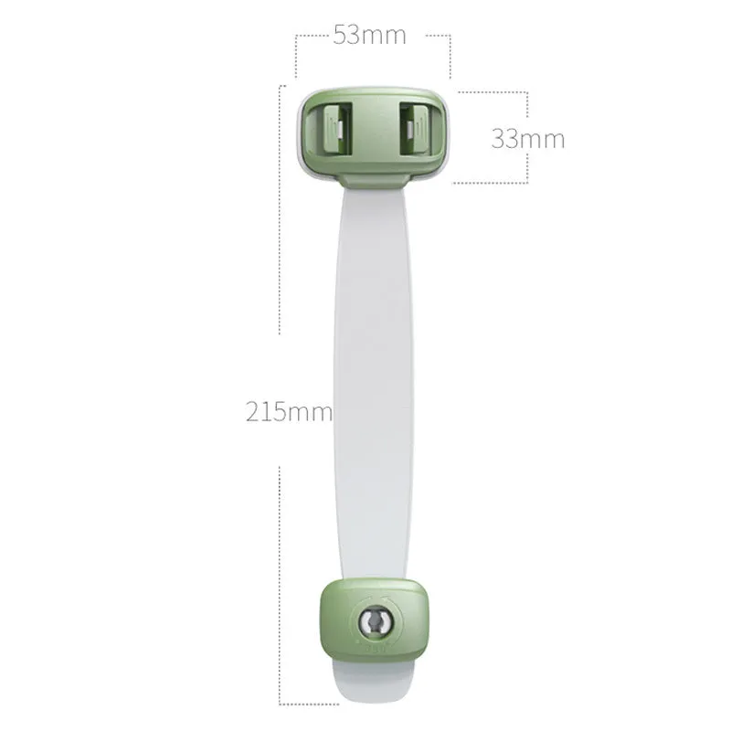 Grey and green adjustable adhesive child safety lock straps for cabinets and drawers.