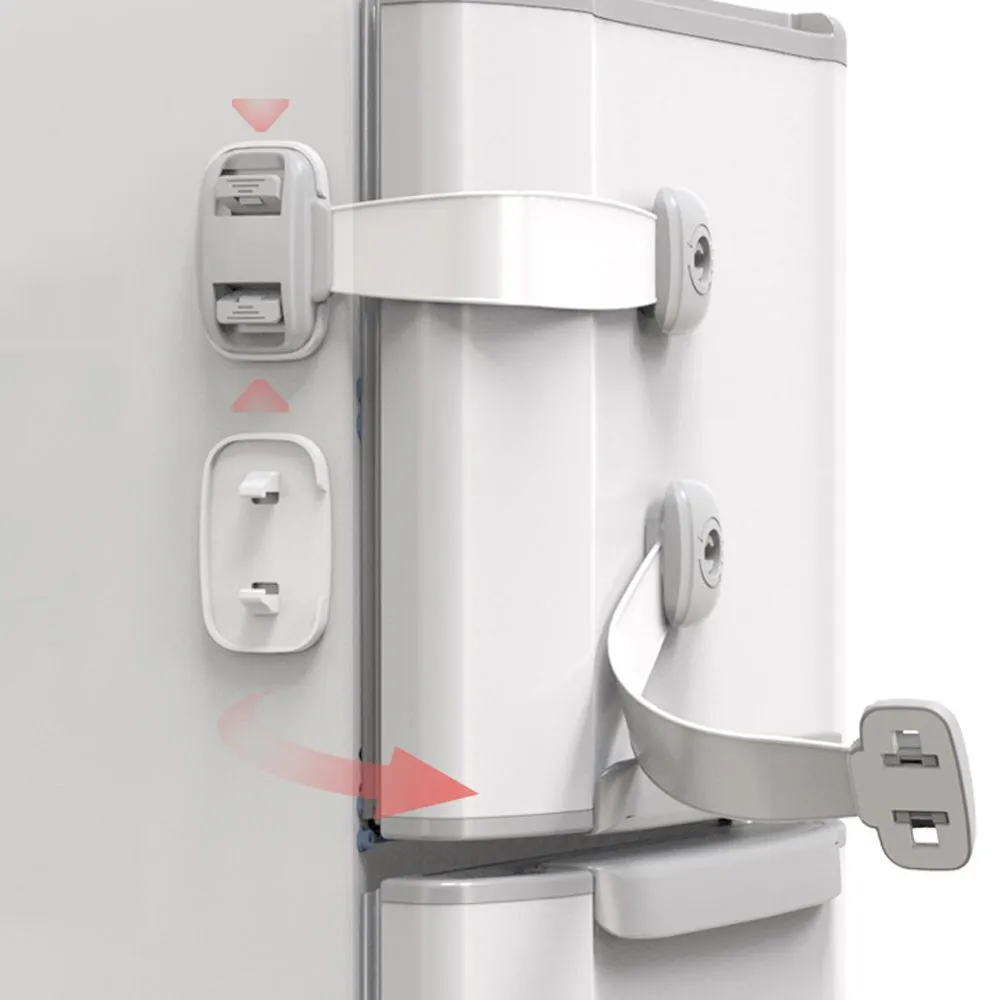 Grey and green adjustable adhesive child safety lock straps for cabinets and drawers.