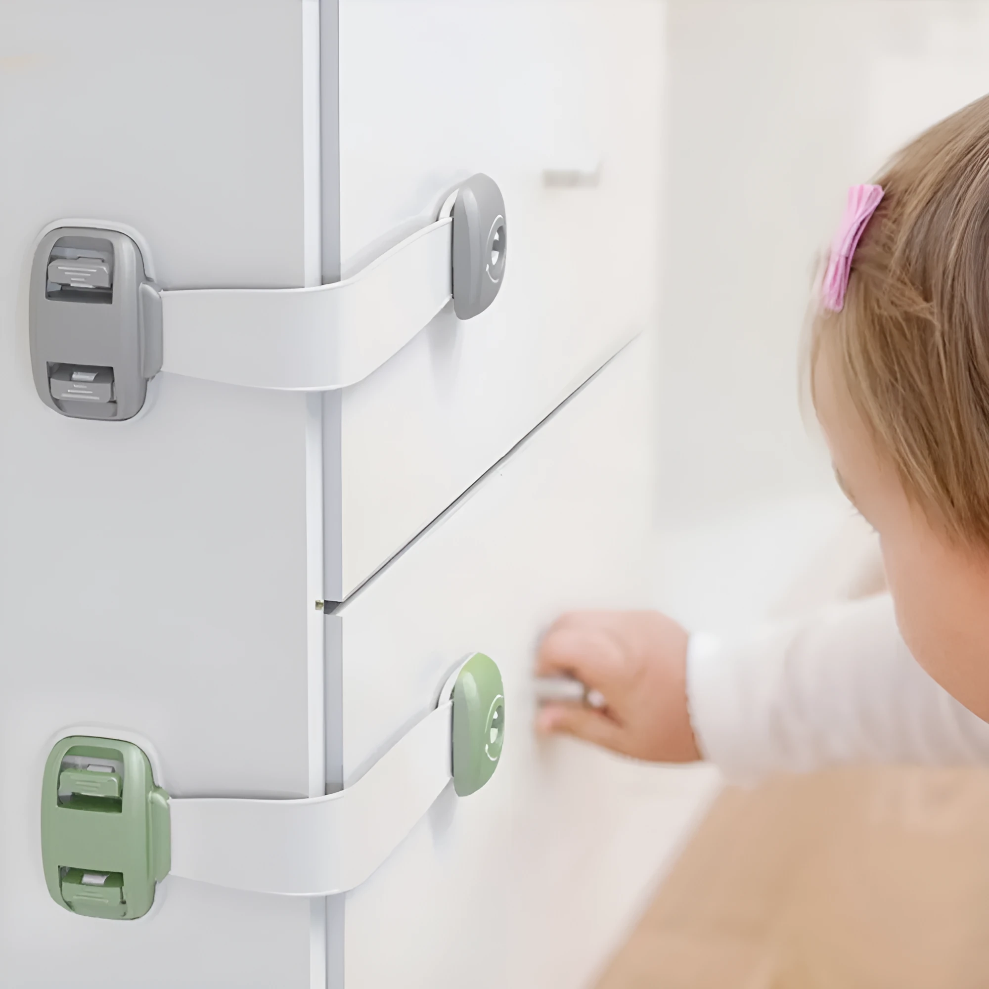 Grey and green adjustable adhesive child safety lock straps for cabinets and drawers.