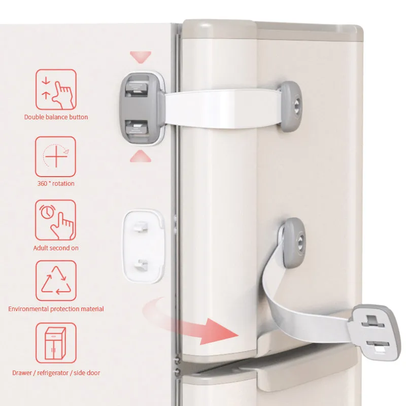 Grey and green adjustable adhesive child safety lock straps for cabinets and drawers.