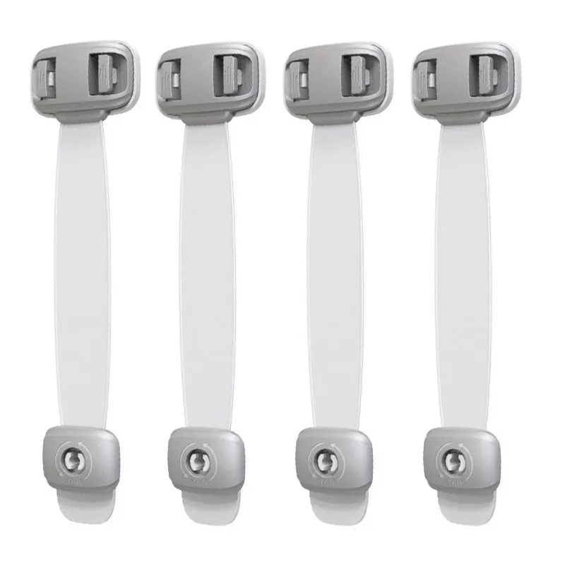 Grey and green adjustable adhesive child safety lock straps for cabinets and drawers.