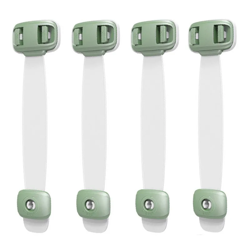 Grey and green adjustable adhesive child safety lock straps for cabinets and drawers.