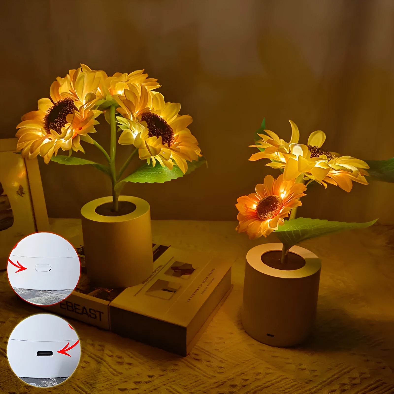 Rechargeable sunflower LED night light with artificial flower design on table