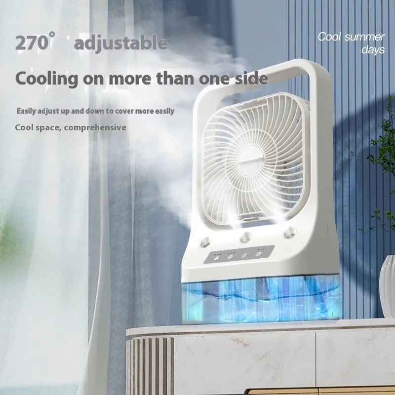 White USB rechargeable air cooler fan with water tank and adjustable head on a table.