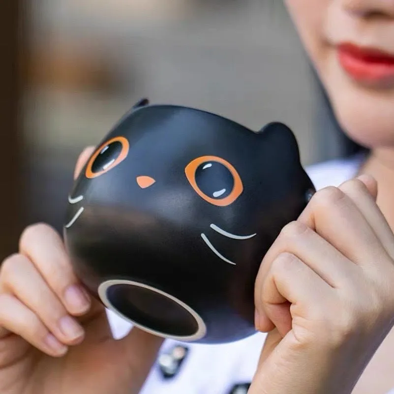 Black ceramic cat mug with pumpkin and spoon couple illustration, 355ml capacity