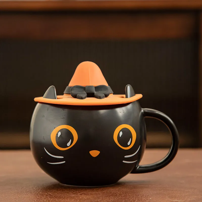 Black ceramic cat mug with pumpkin and spoon couple illustration, 355ml capacity