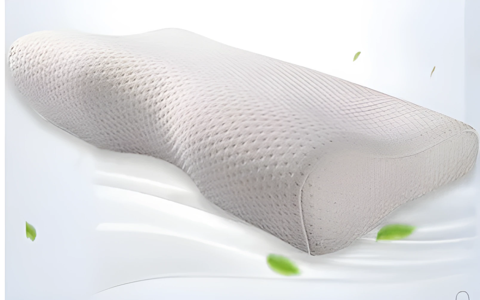 Blue butterfly-shaped memory foam cervical pillow on a bed.