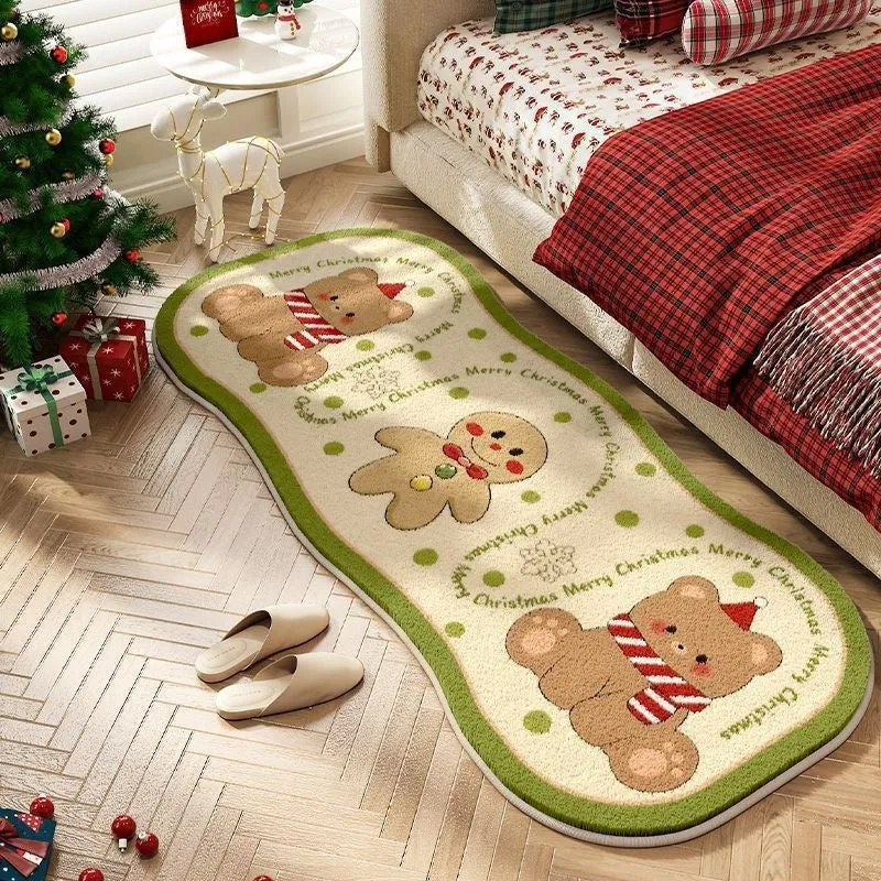 Christmas Series imitation cashmere carpet decoration in Alien shape on a floor, showing festive pattern options.
