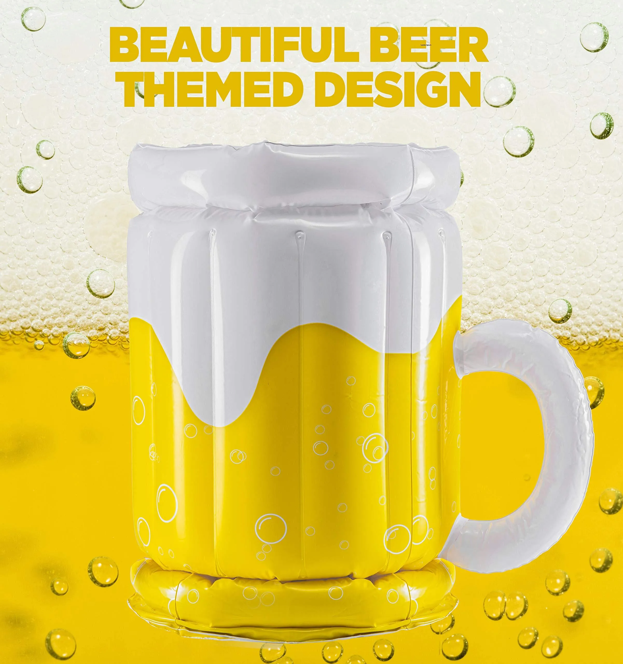 Yellow inflatable beer mug cooler floating in pool with drinks, showing 44cm height