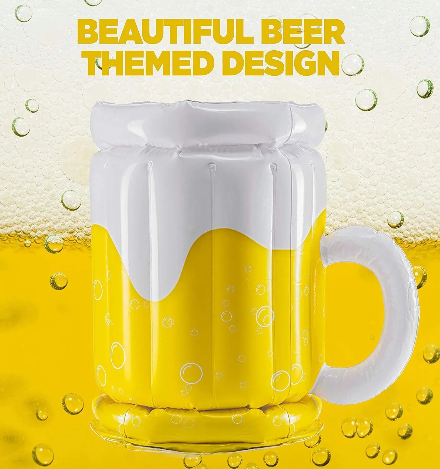 Yellow inflatable beer mug cooler floating in pool with drinks, showing 44cm height