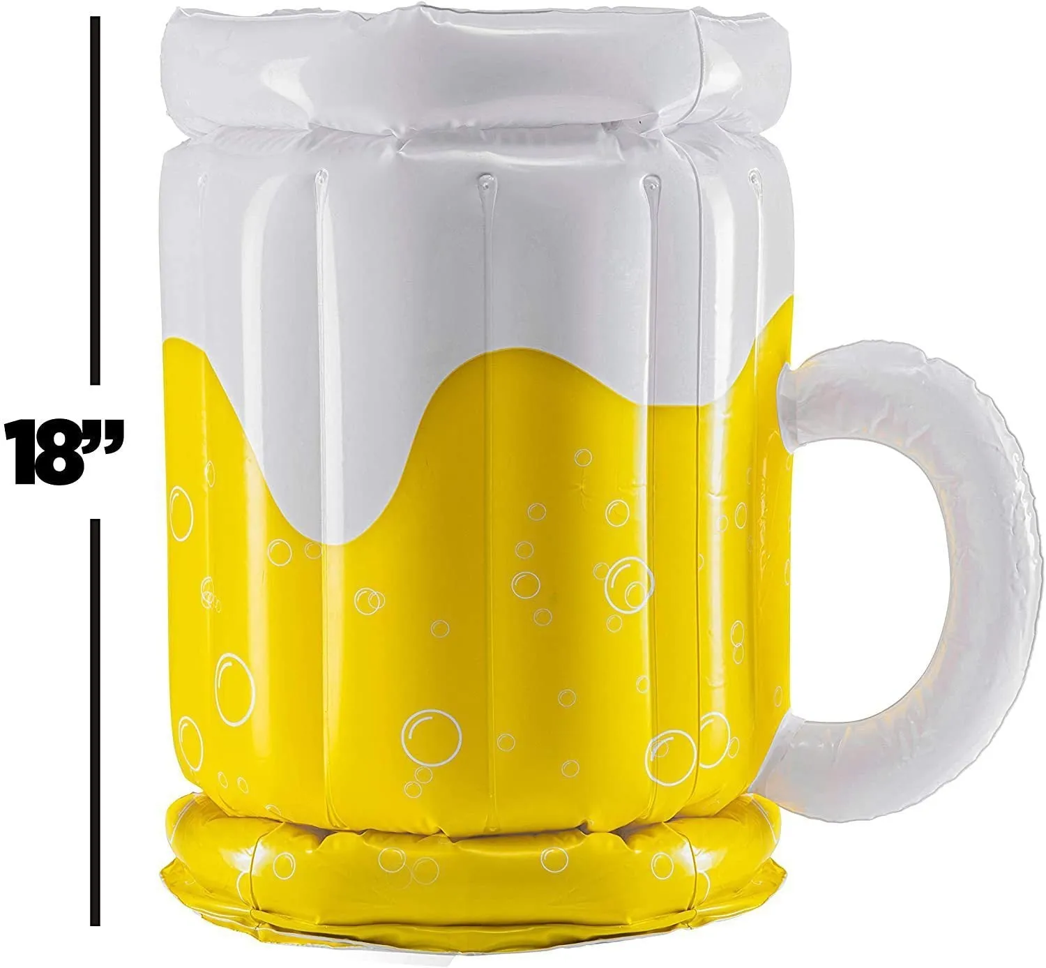 Yellow inflatable beer mug cooler floating in pool with drinks, showing 44cm height